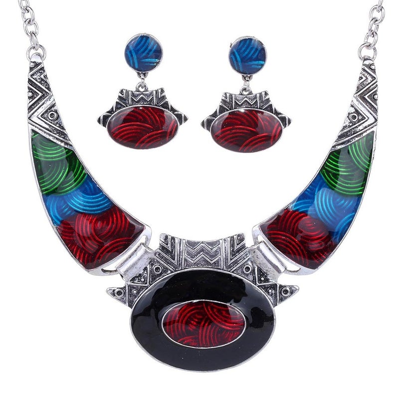 YAZILIND Ethnic Multicolor Embossed Oval Gangle Bib Collar Earrings Necklace Jewelry Set - Image 1